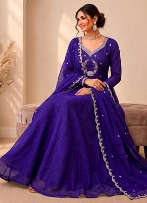 Royal purple designer neckline embroidered georgette flared gown set 2