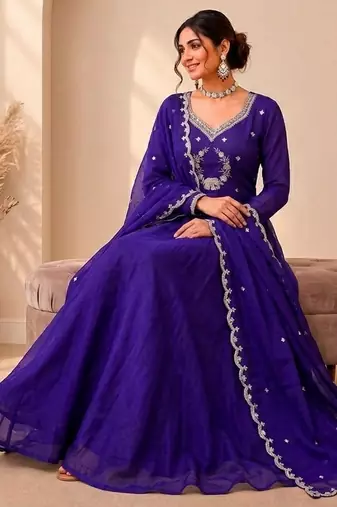 Royal purple designer neckline embroidered georgette flared gown set