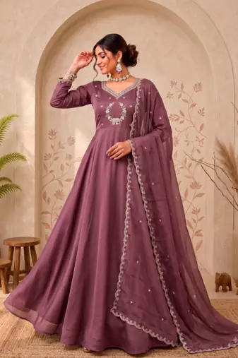 Oniun designer neckline embroidered georgette flared gown set