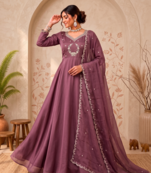 Oniun designer neckline embroidered georgette flared gown set