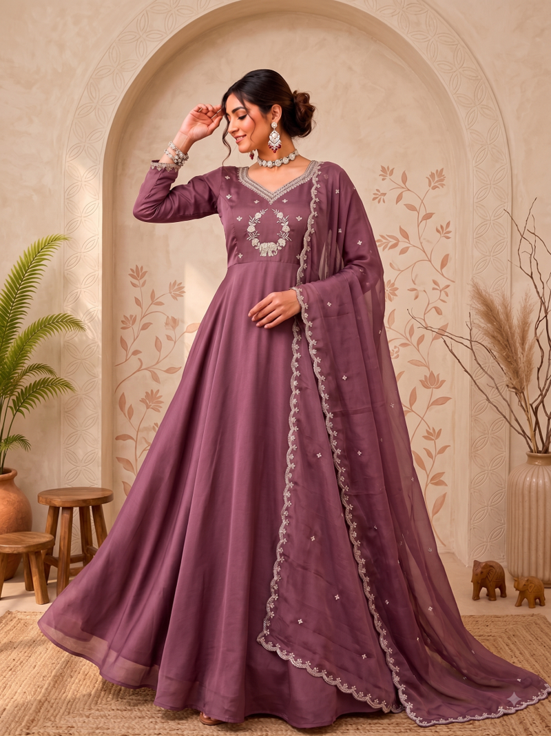Oniun designer neckline embroidered georgette flared gown set