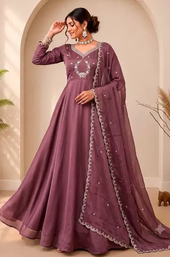 Oniun designer neckline embroidered georgette flared gown set