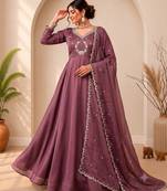 Oniun designer neckline embroidered georgette flared gown set