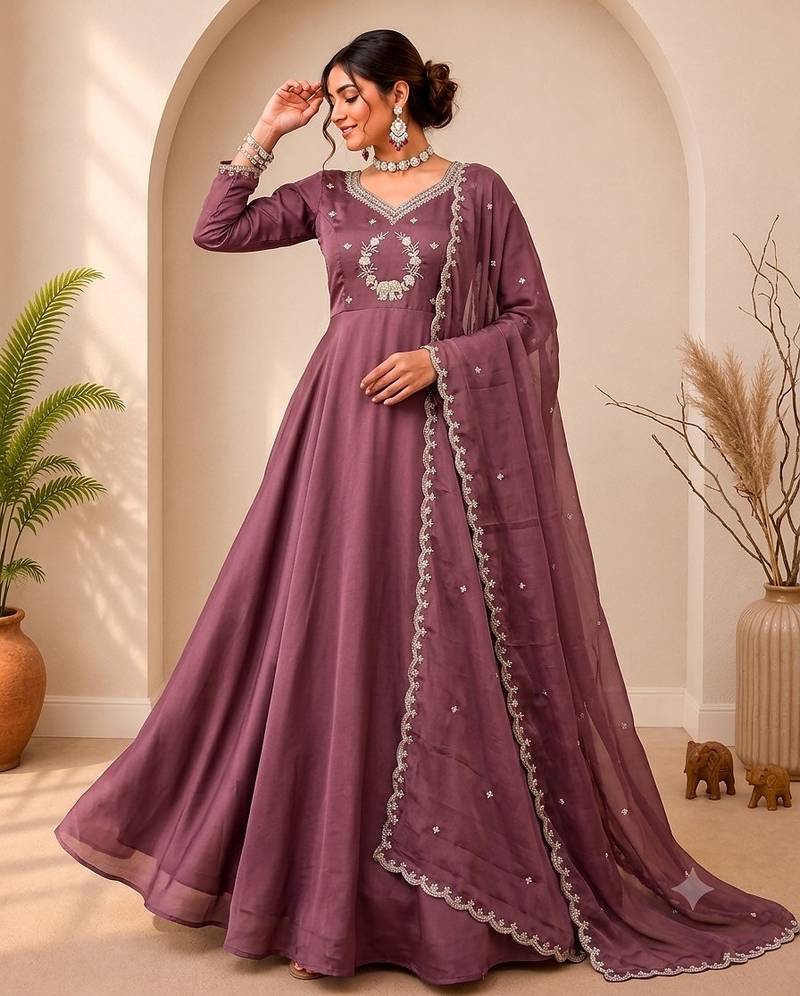 Oniun designer neckline embroidered georgette flared gown set