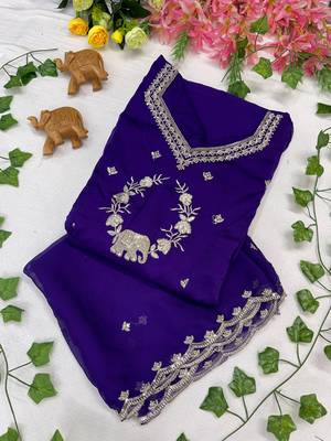 Royal purple designer neckline embroidered georgette flared gown set 3