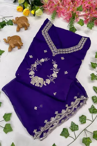 Royal purple designer neckline embroidered georgette flared gown set