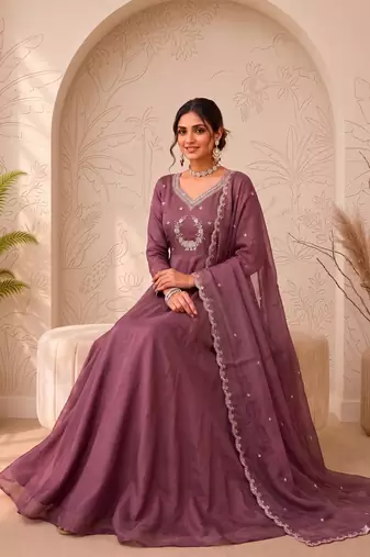 Oniun designer neckline embroidered georgette flared gown set
