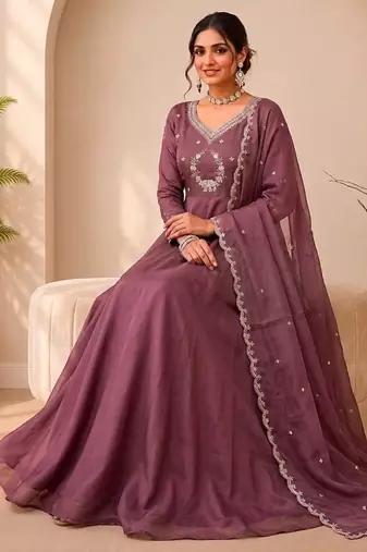 Oniun designer neckline embroidered georgette flared gown set