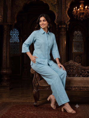 Sky blue solid collared two-piece co-ord set 2