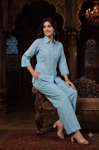 Sky blue solid collared two-piece co-ord set