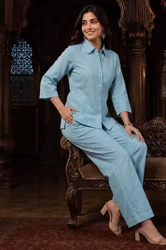 Sky blue solid collared two-piece co-ord set