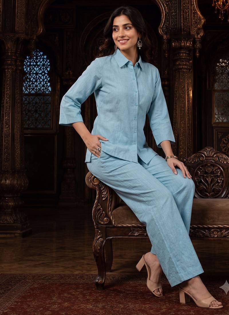 Sky blue solid collared two-piece co-ord set
