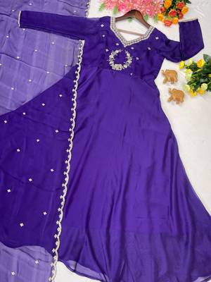 Royal purple designer neckline embroidered georgette flared gown set 4