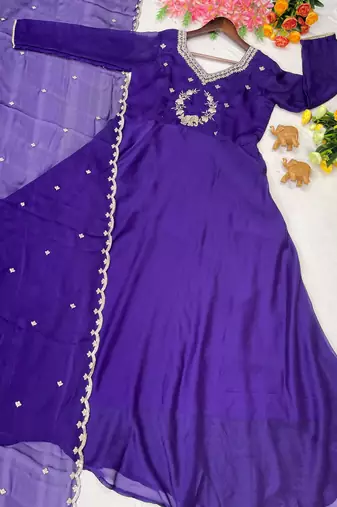 Royal purple designer neckline embroidered georgette flared gown set
