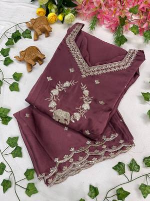 Oniun designer neckline embroidered georgette flared gown set 3
