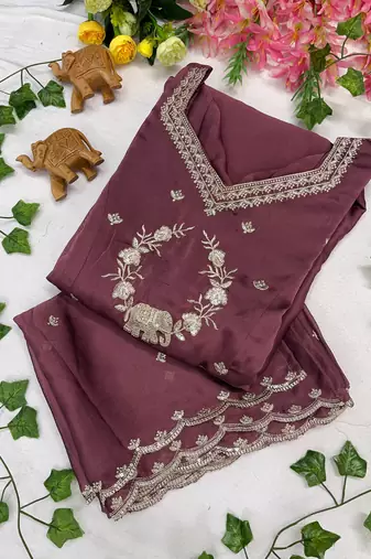 Oniun designer neckline embroidered georgette flared gown set