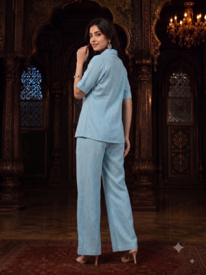 Sky blue solid collared two-piece co-ord set 3