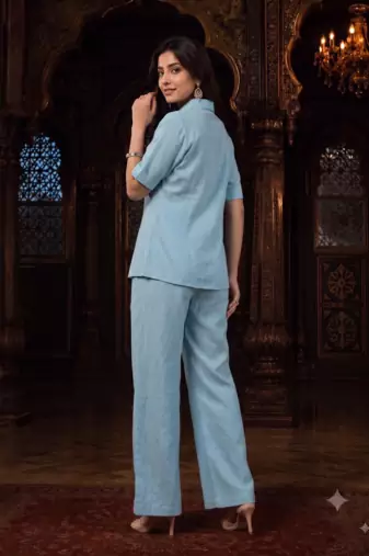 Sky blue solid collared two-piece co-ord set