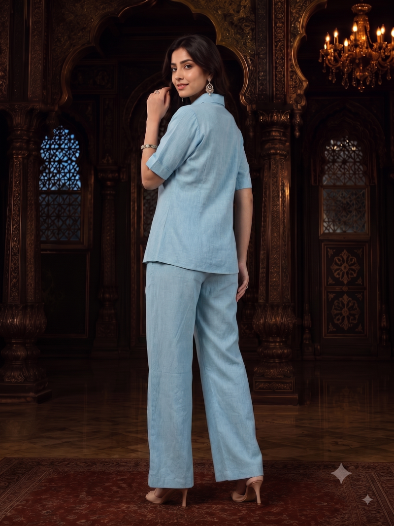 Sky blue solid collared two-piece co-ord set