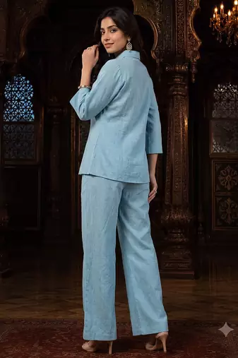 Sky blue solid collared two-piece co-ord set