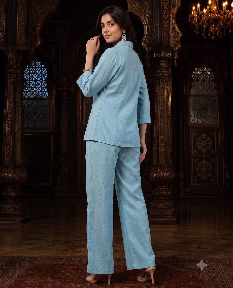 Sky blue solid collared two-piece co-ord set