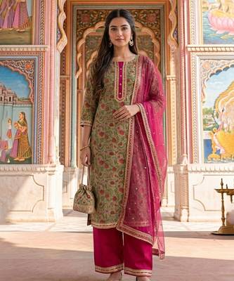 Olive green floral printed cotton suit set 1