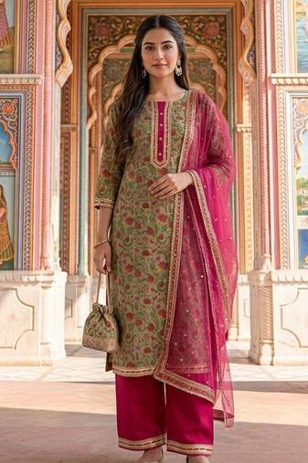 Olive green floral printed cotton suit set
