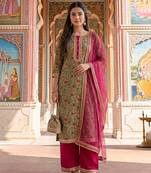 Olive green floral printed cotton suit set