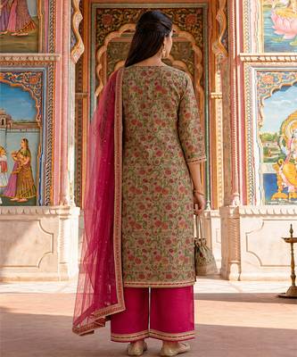 Olive green floral printed cotton suit set 2