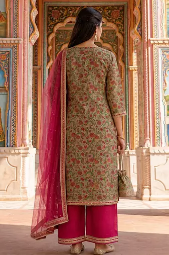Olive green floral printed cotton suit set