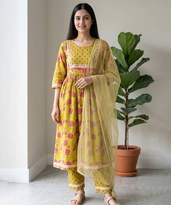 Lime green floral printed cotton suit set 1