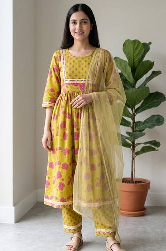 Lime green floral printed cotton suit set