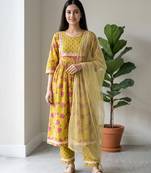 Lime green floral printed cotton suit set
