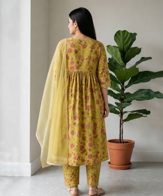Lime green floral printed cotton suit set 2