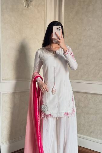 White crepe silk kurta palazzo set with shaded dupatta