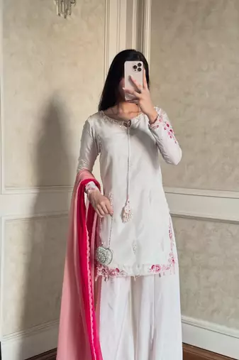 White crepe silk kurta palazzo set with shaded dupatta