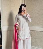 White crepe silk kurta palazzo set with shaded dupatta