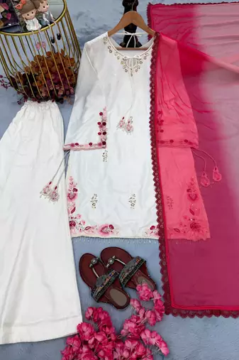 White crepe silk kurta palazzo set with shaded dupatta