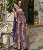Purple viscose jacquard silk blend set with palazzo & choker dupatta
