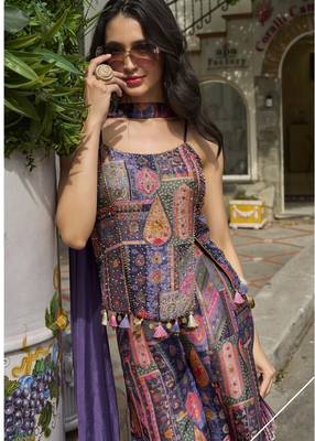 Purple viscose jacquard silk blend set with palazzo & choker dupatta 2