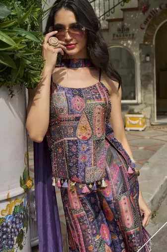 Purple viscose jacquard silk blend set with palazzo & choker dupatta