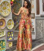 Coral viscose jacquard silk blend set with palazzo & choker dupatta
