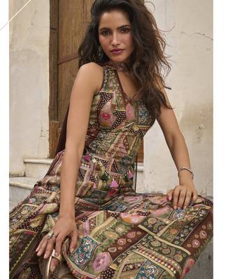 Olive viscose jacquard silk blend set with palazzo & choker dupatta 2