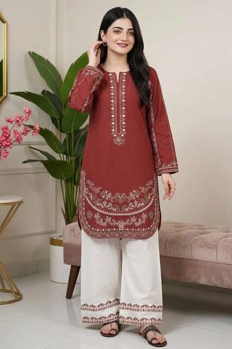 Maroon roman silk blend embroidered kurta with farshi palazzo