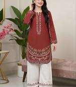 Maroon roman silk blend embroidered kurta with farshi palazzo