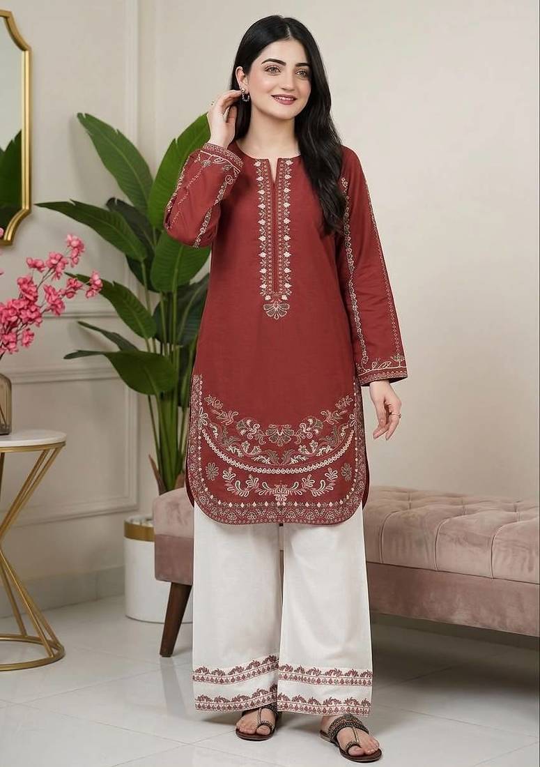 Maroon roman silk blend embroidered kurta with farshi palazzo