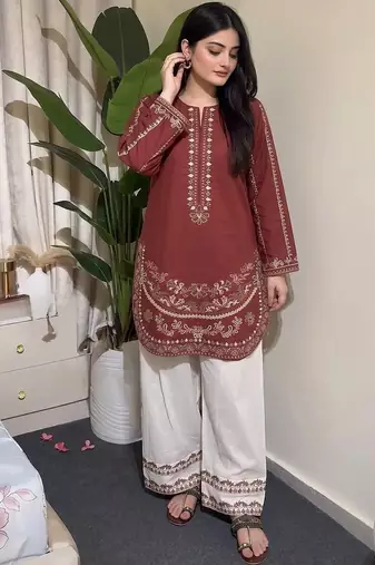 Maroon roman silk blend embroidered kurta with farshi palazzo