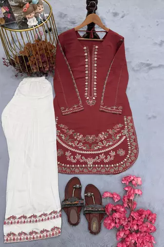 Maroon roman silk blend embroidered kurta with farshi palazzo