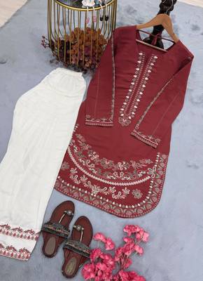 Maroon roman silk blend embroidered kurta with farshi palazzo 4