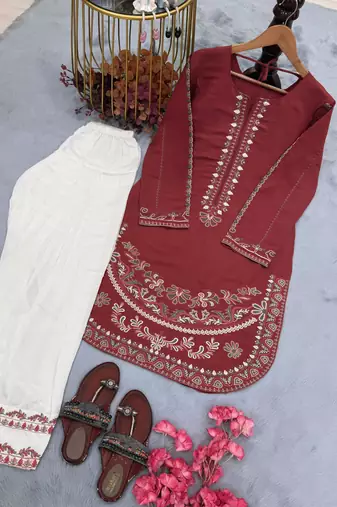 Maroon roman silk blend embroidered kurta with farshi palazzo